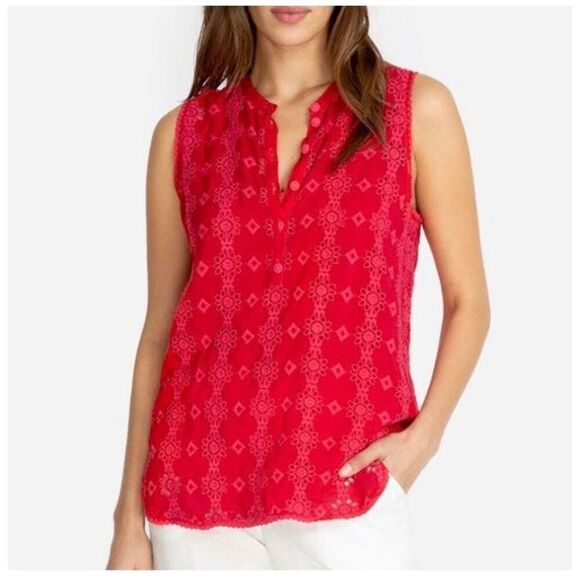Johnny Was Women’s Red Floral Symmetrical Boho Eyelet Sleeveless Blouse - Picture 3 of 10